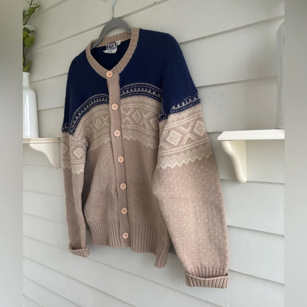 Vintage ARC Actionwear Men’s Beige and Blue Nordic Wool Cardigan Sweater Size L - Picture 9 of 11